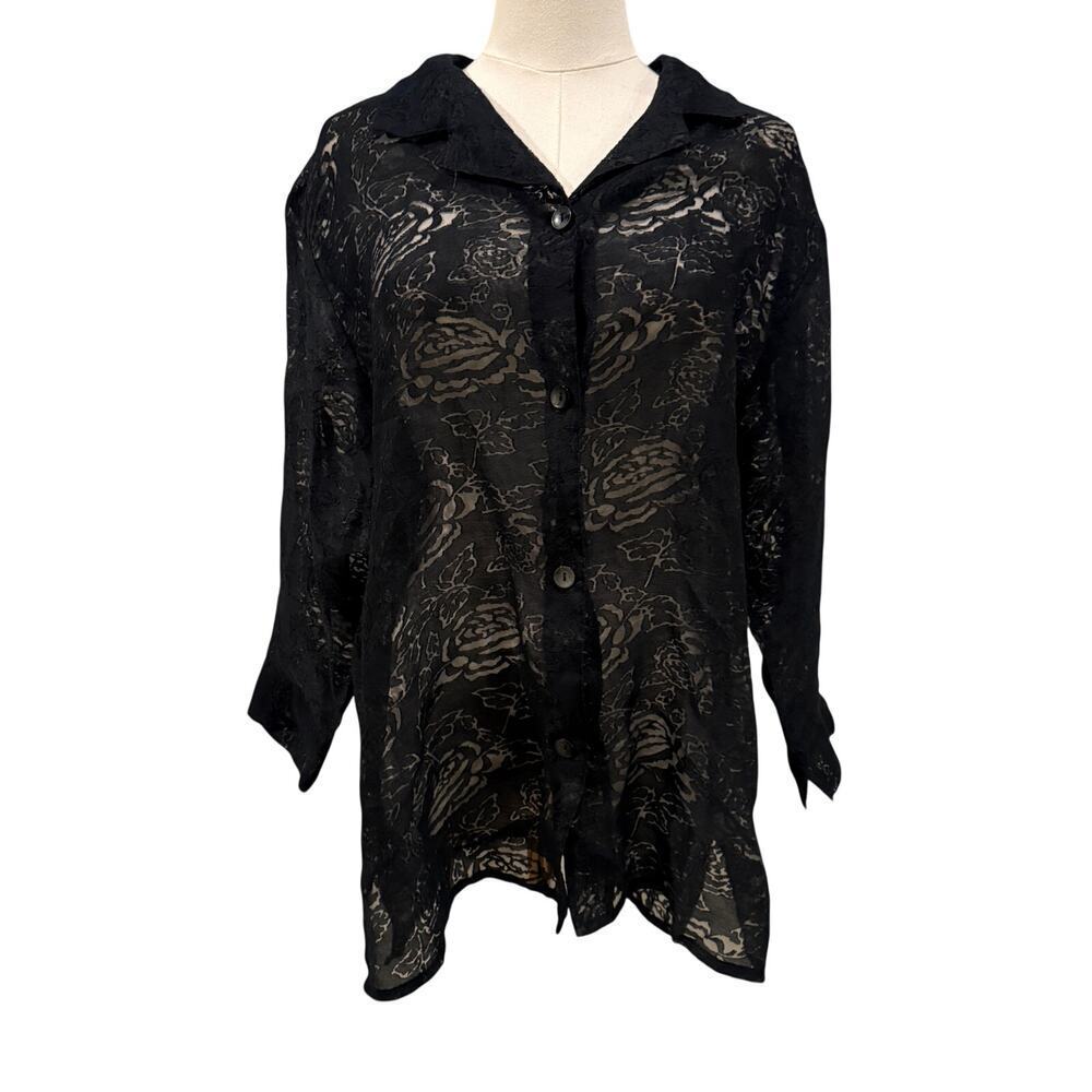 French Laundry Sheer Floral Burnout Button Blouse XL Whimsigoth Workwear Office